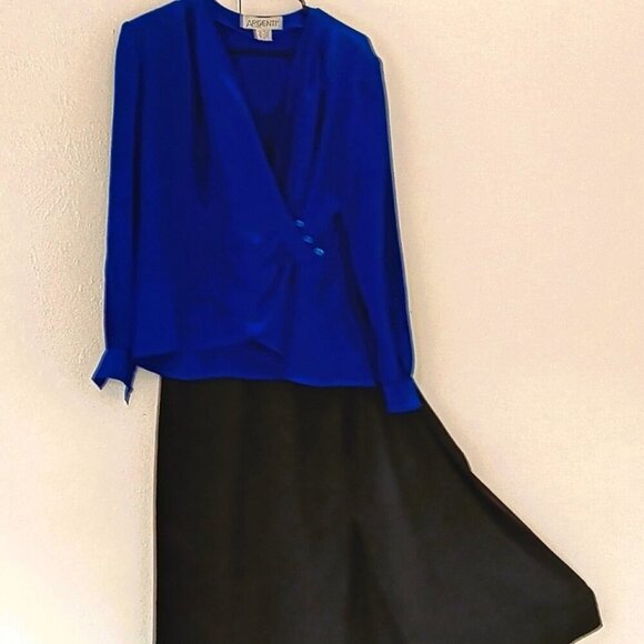 Argenti Tops - SILK SKIRT & TOP SET: VINTAGE CERULEAN BLOUSE, ASHLEY BLACK WRAPAROUND SKIRT